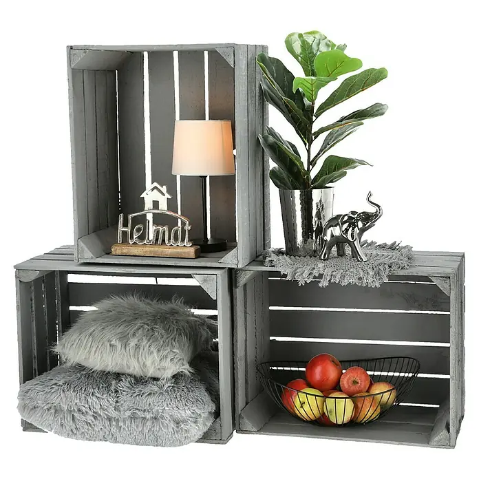 ObstkisteGrau, L x B x H: 50 x 40 x 30 cm, Holz - Graue Holzkisten-Regale mit Kissen, Lampe, Deko-Pflanze und Obstschale, eine stilvolle und praktische Aufbewahrungslösung für Ihr Zuhause.