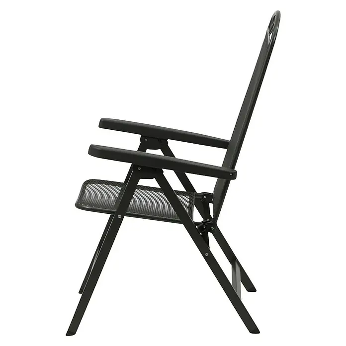 Siena Garden Elda Klappstuhl - Klappbar, Anthrazit, B x T x H: 65 x 60 x 103 cm - Eine Nahaufnahme eines stilvollen schwarzen Klappstuhls mit Armlehnen und Netzgewebe. Er bietet Komfort und ist platzsparend.