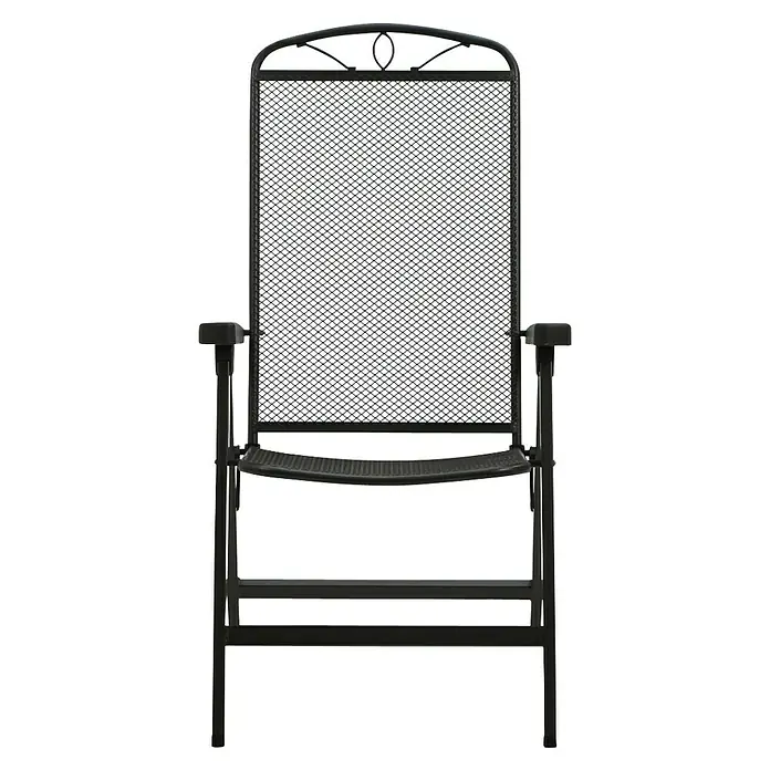Siena Garden Elda Klappstuhl - Klappbar, Anthrazit, B x T x H: 65 x 60 x 103 cm - Abbildung eines schwarzen Klappstuhls mit einem Netzmuster im Rückenbereich, ideal für den Außenbereich.
