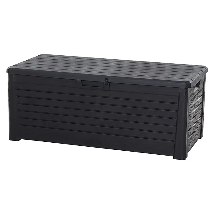 Toomax Auflagenbox Florida - 72 x 148 x 60 cm, Kunststoff, Anthrazit - Diese Aufnahme zeigt eine dunkle Gartenbox mit Holzstruktur. Sie ist ideal zur Aufbewahrung von Gartenutensilien und Outdoor-Spielzeug.