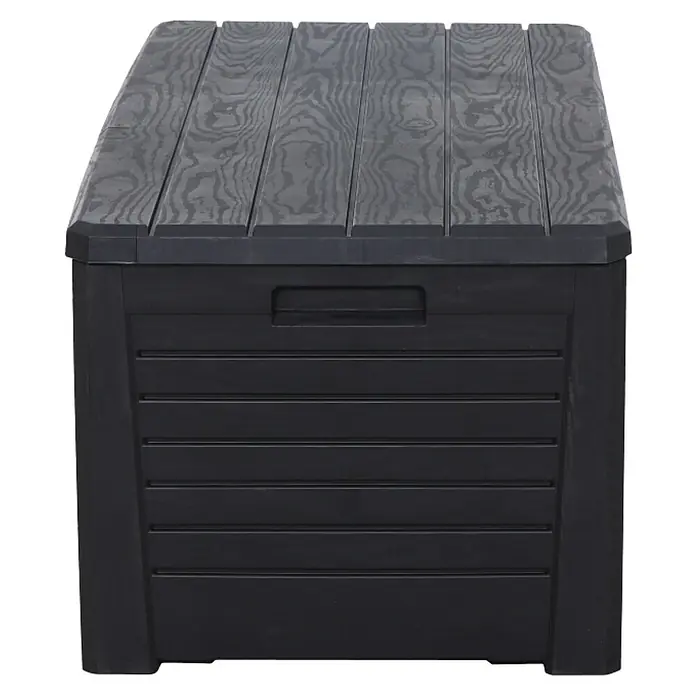 Toomax Auflagenbox Florida - 72 x 148 x 60 cm, Kunststoff, Anthrazit - Eine schwarze Gartenbox mit holzähnlicher Oberfläche und horizontalen Linien an den Seiten. Ideal für die Aufbewahrung im Außenbereich.