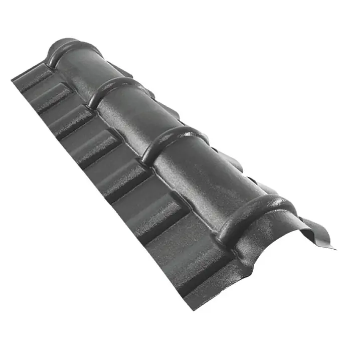 Odem Cumbrera Valencia - Largo: 106 cm, PVC, Negro - Primer plano de una sola teja de arcilla negra con superficie estriada, aislada sobre un fondo negro.