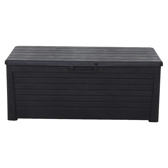 Toomax Auflagenbox Florida - 72 x 148 x 60 cm, Kunststoff, Anthrazit - Abgebildete, schwarze Gartenbox aus Kunststoff mit Holzoptik und horizontaler Bretterstruktur. Ideal zur Aufbewahrung von Gartenutensilien.