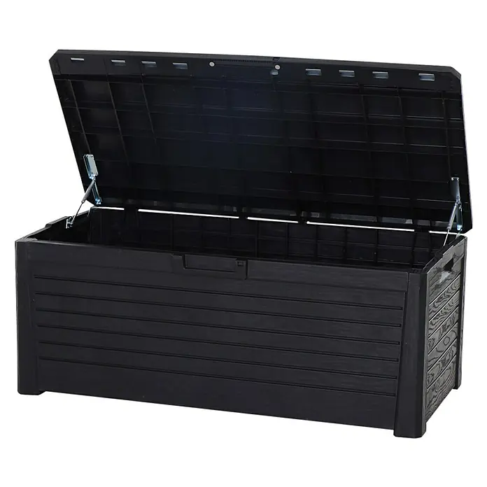 Toomax Auflagenbox Florida - 72 x 148 x 60 cm, Kunststoff, Anthrazit - Eine schwarze Gartenbox mit geöffnetem Deckel, ideal zur Aufbewahrung von Gartenutensilien.