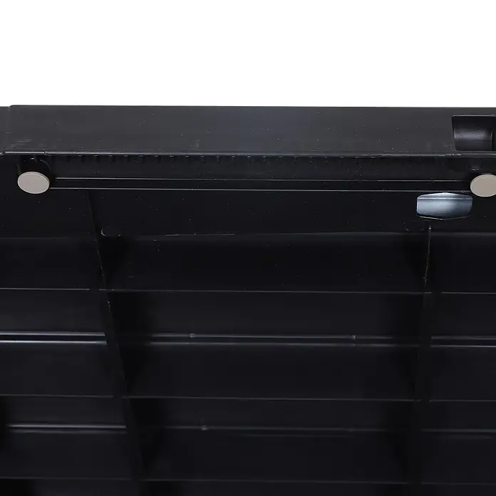 Toomax Auflagenbox Florida - 72 x 148 x 60 cm, Kunststoff, Anthrazit - Detailansicht der schwarzen Kunststoff-Bodenplatte mit Verstrebungen und Befestigungselementen.