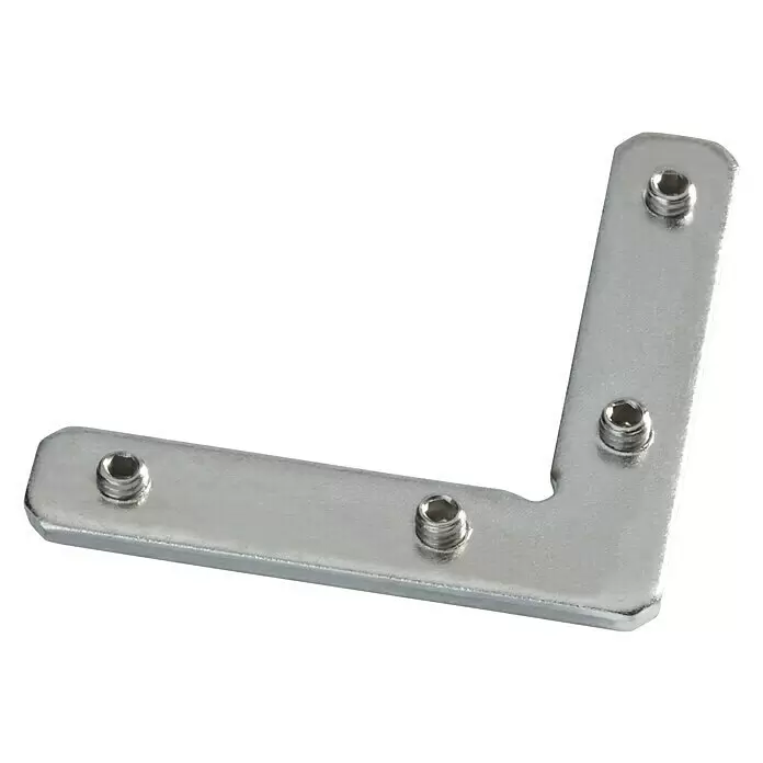Eckverbinder Level - Passend für: 1-lauf Level Vorhangschienen - Silberne L-förmige Metallhalterung mit fünf Gewindeeinsätzen.