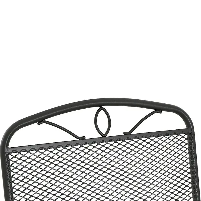 Siena Garden Elda Stapelsessel - Stapelbar, Anthrazit, B x T x H: 57 x 73 x 95,5 cm - Detailansicht einer schwarzen Metallgartenstuhl-Rückenlehne mit dekorativem Gittermuster und eleganten Verzierungen. Robuste und stilvolle Gartenausstattung.