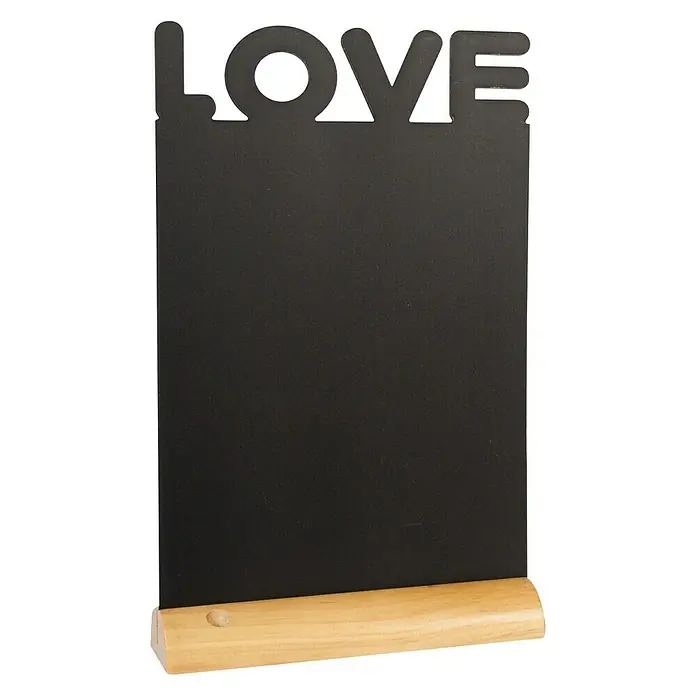 Pizarra de pared Love - 34,5 x 21 cm, Pizarra con marcador - Pizarra negra con la palabra "AMOR" recortada en la parte superior, sobre una base de madera clara, ideal para notas o decoración.
