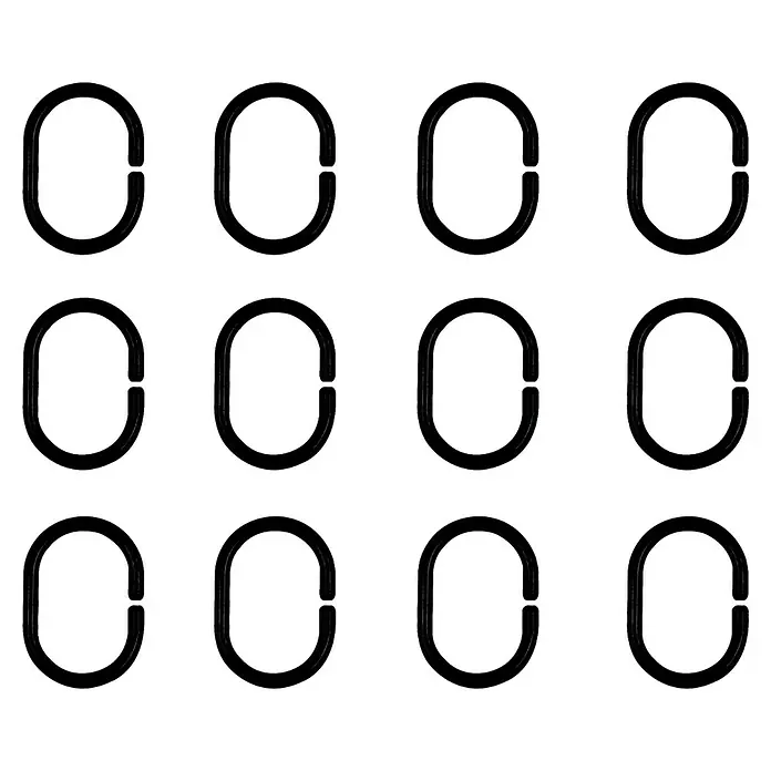 Spirella Anilla para cortina de ducha - An x L: 4 cm x 40 mm, 12 ud., Negro, Plástico - Imagen de una disposición de doce iconos minimalistas, transparentes, con forma ovalada, mostrados sobre un fondo oscuro.