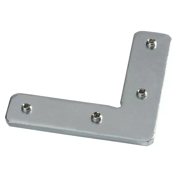 Eckverbinder Level - Passend für: 2-lauf oder 3-lauf Level Vorhangschienen - Silberne L-förmige Metalleckhalterung mit vier Gewindeeinsätzen.