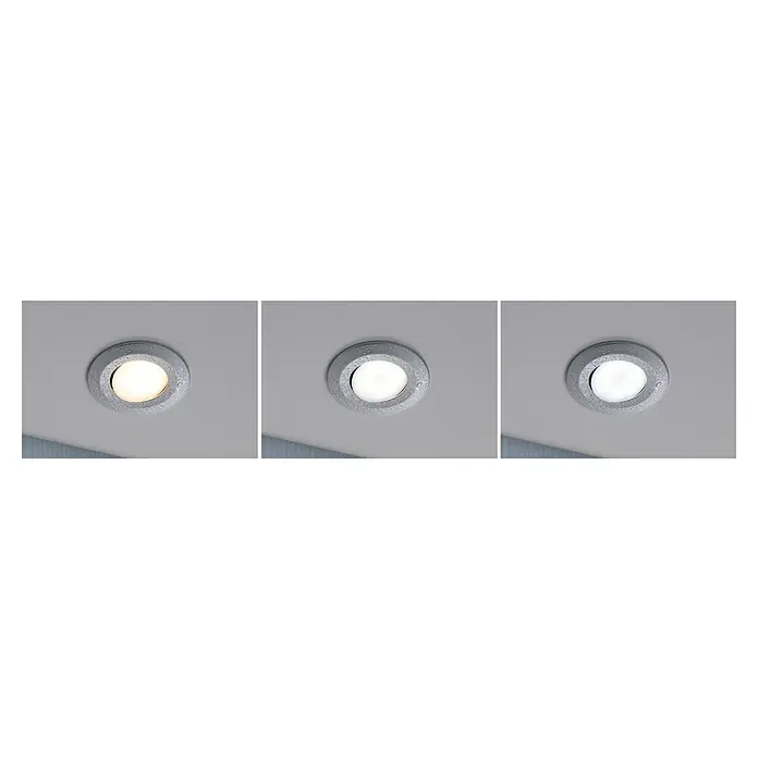 Paulmann LED-Einbauleuchten-Set rund Calla - 5,5 W, 3 Stk., Farbtemperatur einstellbar: Stufen, Silber - Dieses Bild zeigt drei Einbaustrahler mit unterschiedlichen Farbtemperaturen, ideal für feuchte Umgebungen wie Badezimmer.