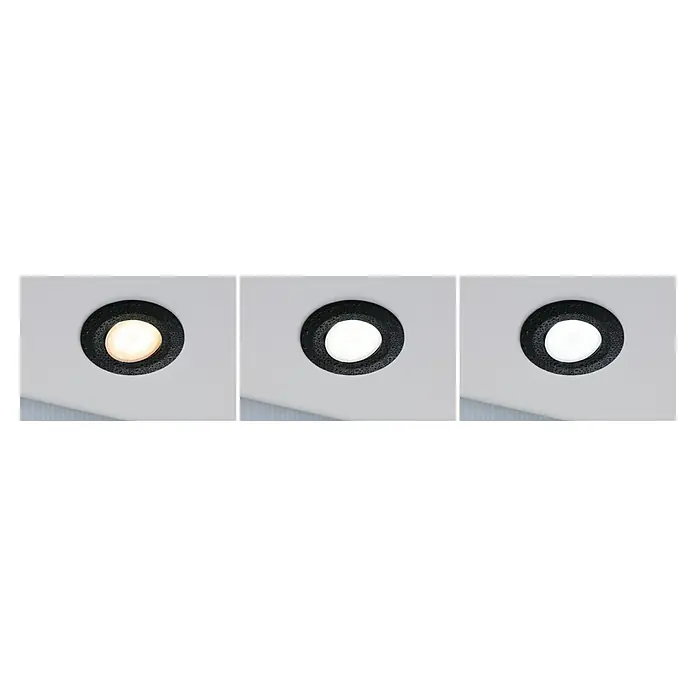 Paulmann LED-Einbauleuchten-Set rund Calla - 5,5 W, 3 Stk., Farbtemperatur einstellbar: Stufen, Schwarz - Drei LED-Einbaustrahler mit unterschiedlichen Farbtemperaturen in einem dunklen Gehäuse an einer Decke.