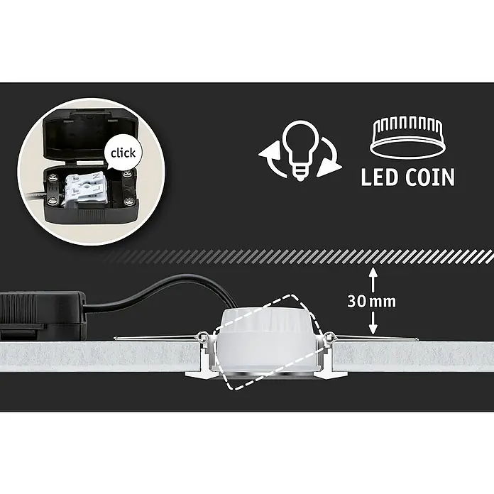 Paulmann LED-Einbauleuchten-Set rund Turnal Coin - Ø x H: 6 x 11,5 cm, Weiß matt, 3 Stk. - Einbaustrahler mit LED-Coin-Technologie, inklusive Anschlussklemme und Maßangabe (30 mm). Ideal für moderne Beleuchtungslösungen.