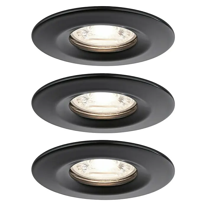 Paulmann Set de focos LED empotrables redondos Nova Mini Fijo - 4 W, Ø x Al: 6,6 x 3 cm, Negro, 3 ud., Fijo - Tres focos empotrables negros con luz blanca cálida que iluminan una habitación, perfectos para una iluminación elegante y moderna.