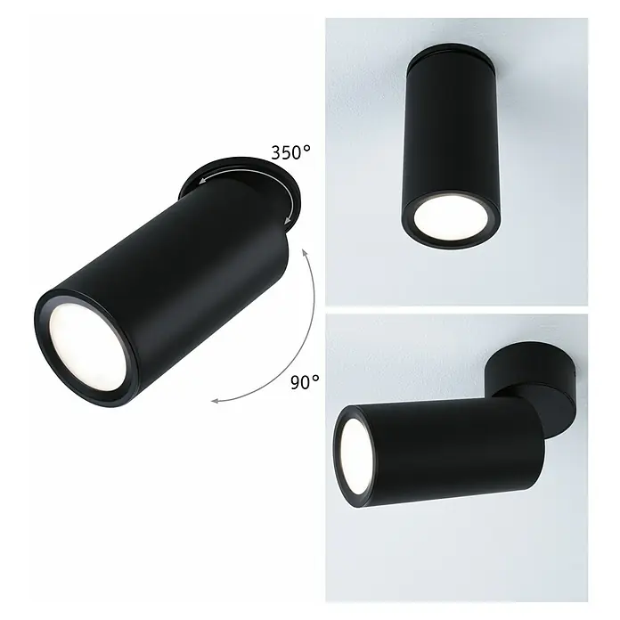 Paulmann LED-Einbauleuchten-Set rund Turnal Coin - 6 W, Schwarz matt, 3 Stk., Warmweiß - Verschiedene Ansichten einer schwarzen, zylindrischen LED-Deckenleuchte, die um 350° drehbar und um 90° neigbar ist.