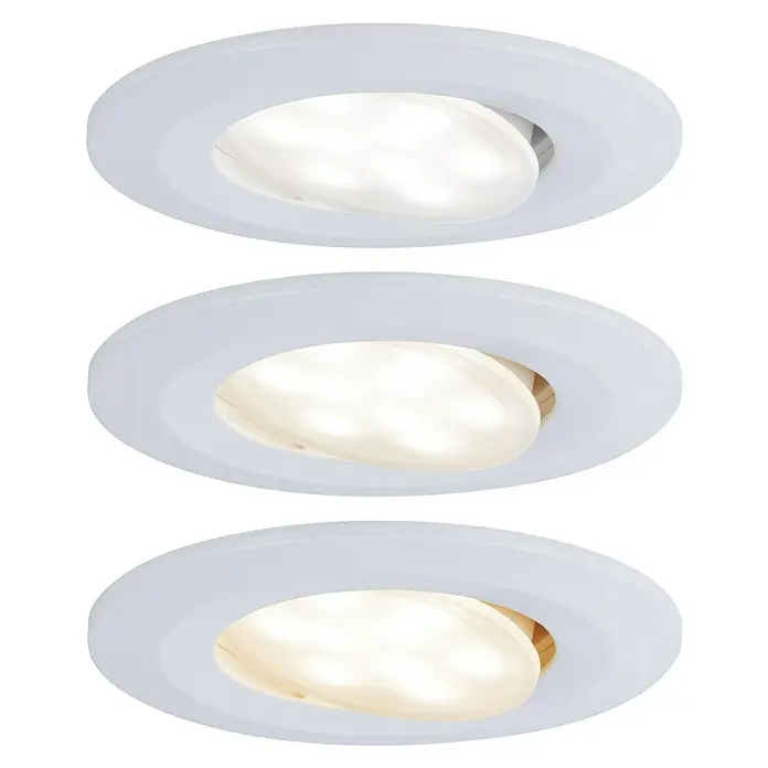 Paulmann LED-Einbauleuchten-Set rund Calla - 5 W, 3 Stk., Farbtemperatur einstellbar: Stufen, Weiß - Ein Bild von drei weißen LED-Einbaustrahlern, die auf einem schwarzen Hintergrund gestapelt sind und hell leuchten.