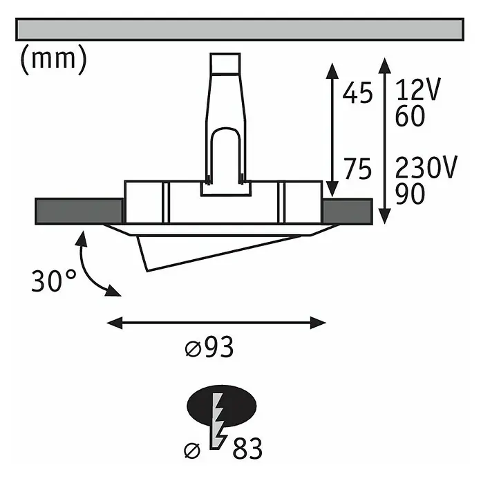 Paulmann Nova LED-Einbauleuchte rund Plus - 35 W, Ø x H: 9,3 x 4,5 cm, Weiß - Technische Zeichnung einer Lampe mit Maßen und Winkeln.