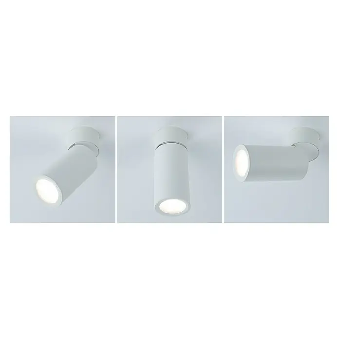 Paulmann LED-Deckenleuchte Turnal Coin - 6 W, Weiß matt, 1 Stk. - Drei Ansichten einer modernen weißen LED-Deckenleuchte, die ein helles, gerichtetes Licht ausstrahlt und sich perfekt für die Akzentuierung eignet.