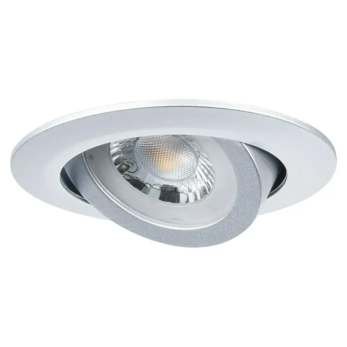 Paulmann LED-Einbauleuchten-Set rund - 6 W, Chrom matt, 3 Stk., Warmweiß - Nahaufnahme einer schwenkbaren Einbauleuchte in Silber und Weiß, die ein modernes und flexibles Beleuchtungselement für jeden Raum darstellt.