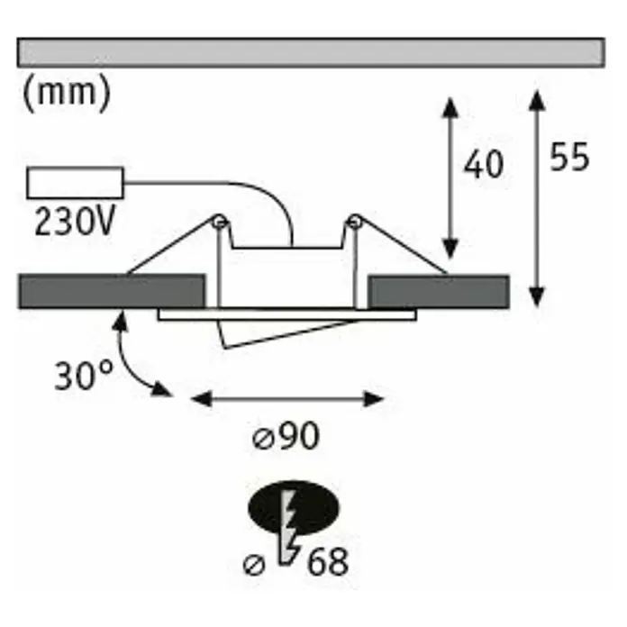 Paulmann LED-Einbauleuchten-Set rund Calla - 6 W, 3 Stk., Farbtemperatur einstellbar: Nein, Schwarz - Technische Zeichnung einer Einbauleuchte mit den Maßen 40mm Höhe, 90mm Durchmesser und einem Einbau-Loch von 68mm.