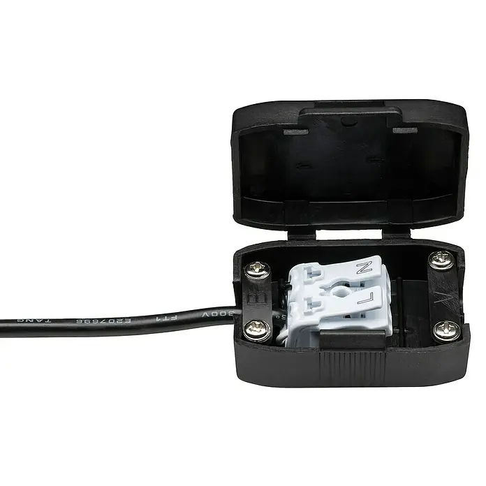 Paulmann LED-Einbauleuchten-Set rund Nova Mini Coin - 4 W, Ø x H: 6,6 x 3 cm, Schwarz, 3 Stk., Schwenkbar - Das Bild zeigt eine geöffnete schwarze Kabelverbindungsklemme mit sichtbarem Innenleben. Eine schwarze Kabelleitung führt zur Klemme.