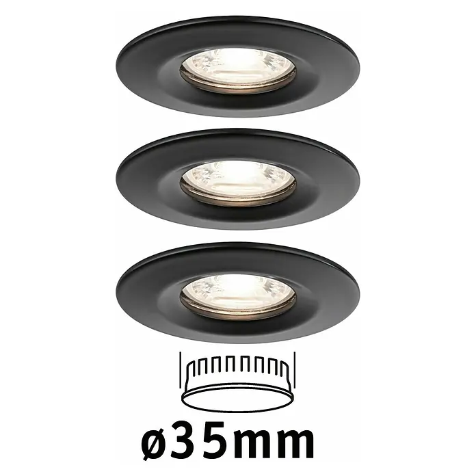 Paulmann LED-Einbauleuchten-Set rund Nova Mini Coin - 4 W, Ø x H: 6,6 x 3 cm, Schwarz, 3 Stk., Starr - Abbildung von drei schwarzen LED-Einbauspots mit einer schematischen Darstellung der Einbaumaße.