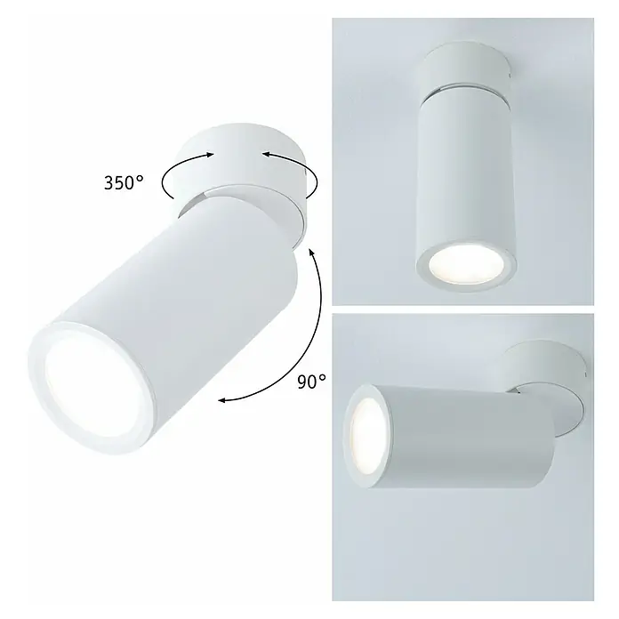 Paulmann LED-Deckenleuchte Turnal Coin - 6 W, Weiß matt, 1 Stk. - Produktbild einer weißen, zylindrischen Deckenleuchte, die schwenkbar ist, mit Angaben zu den Drehwinkeln.
