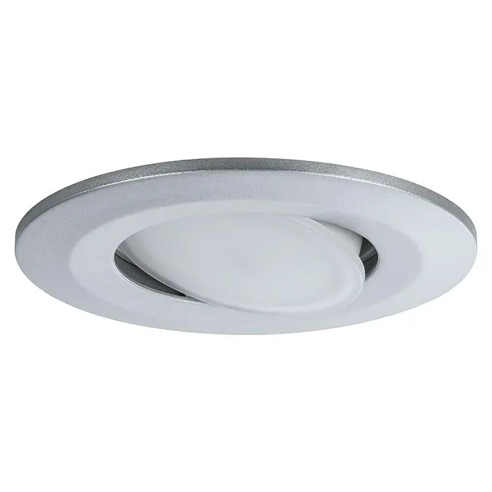 Paulmann LED-Einbauleuchten-Set rund Calla - 5,5 W, 3 Stk., Farbtemperatur einstellbar: Stufen, Silber - Nahaufnahme einer modernen, versenkbaren LED-Deckenleuchte in Silber. Sie bietet eine verstellbare Lichtrichtung für gezielte Beleuchtung.