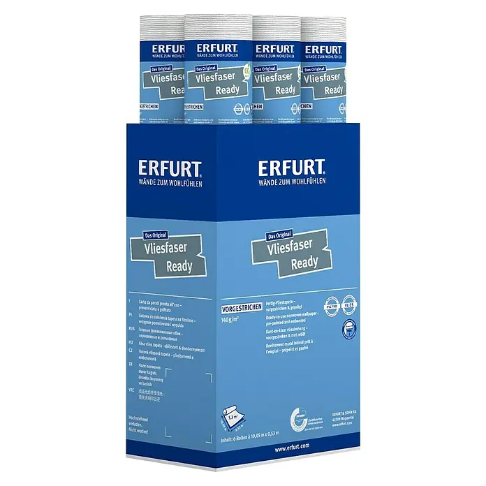 Erfurt Vliestapete Vliesfaser Ready - 302, Uni, 10,05 x 0,53 m - Tapetenbox mit sechs Rollen Erfurt Vliesfaser Ready, bereits vorgestrichene und geprägte Vliestapete für eine schnelle Wandgestaltung.
