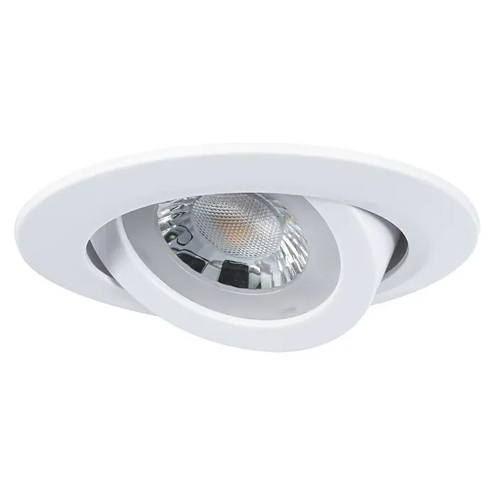 Paulmann LED-Einbauleuchten-Set rund - 6 W, Weiß matt, 3 Stk., Warmweiß - Nahaufnahme einer weißen, schwenkbaren LED-Deckeneinbauleuchte, die ein helles, fokussiertes Licht bietet und sich ideal für moderne Innenräume eignet.