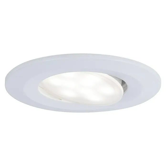 Paulmann LED-Einbauleuchten-Set rund Calla - 5 W, 3 Stk., Farbtemperatur einstellbar: Stufen, Weiß - Nahaufnahme einer weißen, runden LED-Deckenleuchte mit verstellbarem Lichtkopf, ideal für moderne Innenräume.
