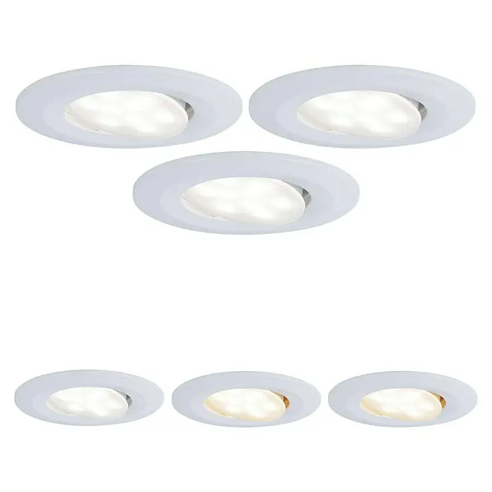 Paulmann LED-Einbauleuchten-Set rund Calla - 5 W, 3 Stk., Farbtemperatur einstellbar: Stufen, Weiß - Mehrere weiße LED-Deckeneinbaustrahler mit unterschiedlichen Farbtemperaturen vor einem schwarzen Hintergrund.