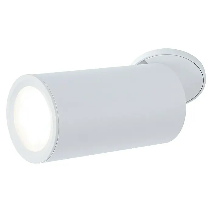 Paulmann LED-Einbauleuchten-Set rund Turnal Coin - 6 W, Weiß matt, 3 Stk., Warmweiß - Nahaufnahme einer weißen, zylindrischen LED-Wandleuchte mit heller Beleuchtung, die eine moderne und minimalistische Ästhetik zeigt.