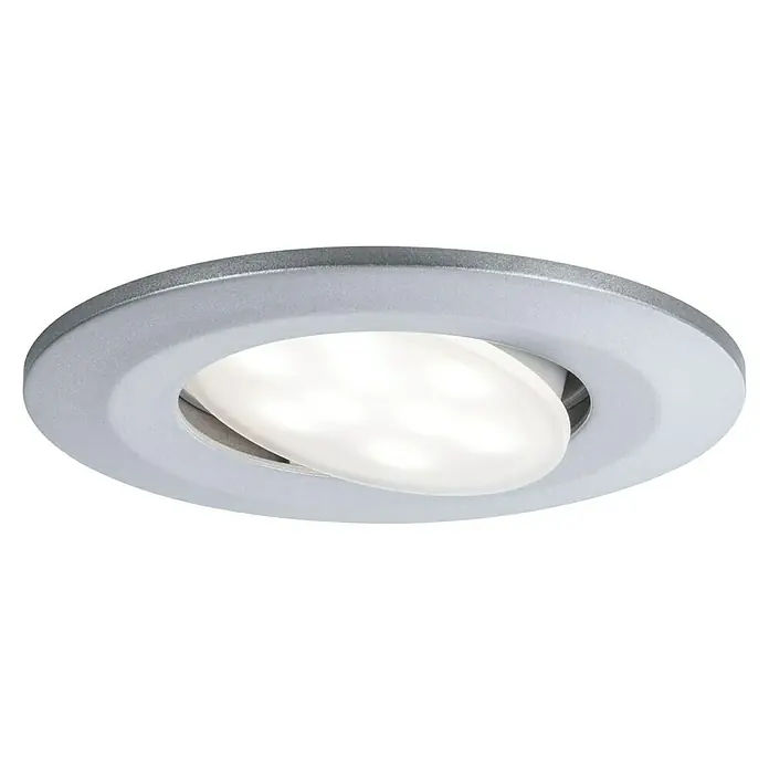 Paulmann LED-Einbauleuchten-Set rund Calla - 5,5 W, 3 Stk., Farbtemperatur einstellbar: Stufen, Silber - Nahaufnahme einer schwenkbaren LED-Einbauleuchte mit silbernem Rahmen, die ein helles, fokussiertes Licht ausstrahlt.