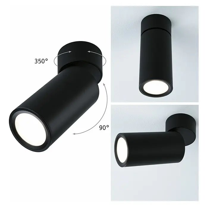 Paulmann LED-Deckenleuchte Turnal Coin - 6 W, Schwarz matt, 1 Stk. - Dreifach-Ansicht einer schwarzen, zylindrischen LED-Deckenleuchte, die Flexibilität und modernes Design vereint.