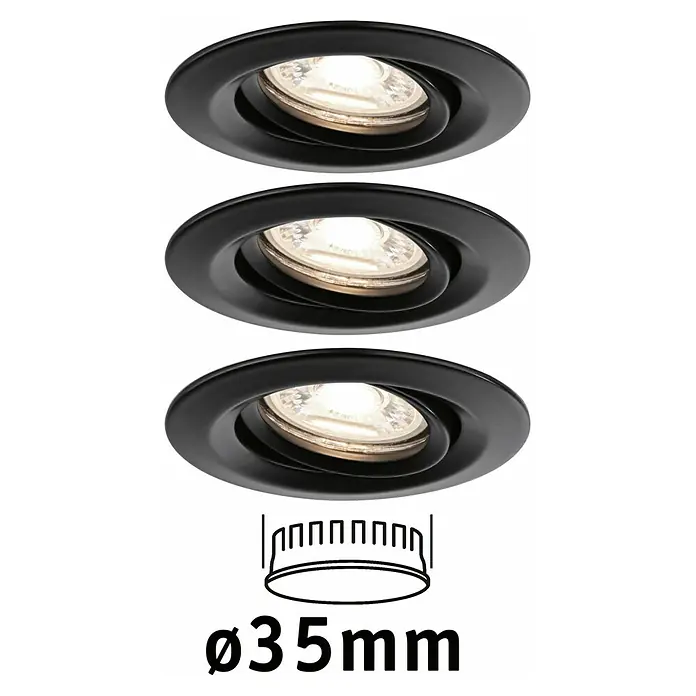 Paulmann LED-Einbauleuchten-Set rund Nova Mini Coin - 4 W, Ø x H: 6,6 x 3 cm, Schwarz, 3 Stk., Schwenkbar - Bild von drei schwarzen Deckeneinbaustrahlern mit je einer Lampe. Der Durchmesser eines Strahlers beträgt 35 mm.