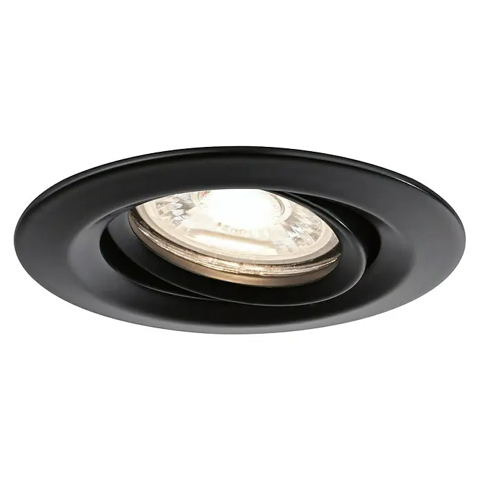Paulmann LED-Einbauleuchten-Set rund Nova Mini Coin - 4 W, Ø x H: 6,6 x 3 cm, Schwarz, 3 Stk., Schwenkbar - Nahaufnahme eines schwarzen runden Einbaustrahlers mit einer hellen Glühbirne. Das Produkt ist elegant und modern gestaltet.
