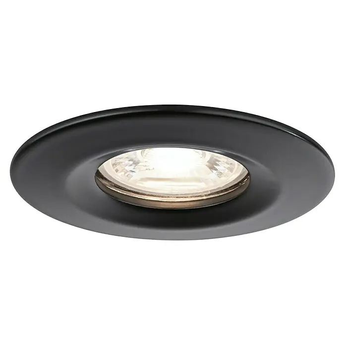 Paulmann LED-Einbauleuchten-Set rund Nova Mini Coin - 4 W, Ø x H: 6,6 x 3 cm, Schwarz, 3 Stk., Starr - Nahaufnahme einer schwarzen Einbauleuchte, die ein helles Licht ausstrahlt. Das schlichte Design passt zu jeder modernen Einrichtung.