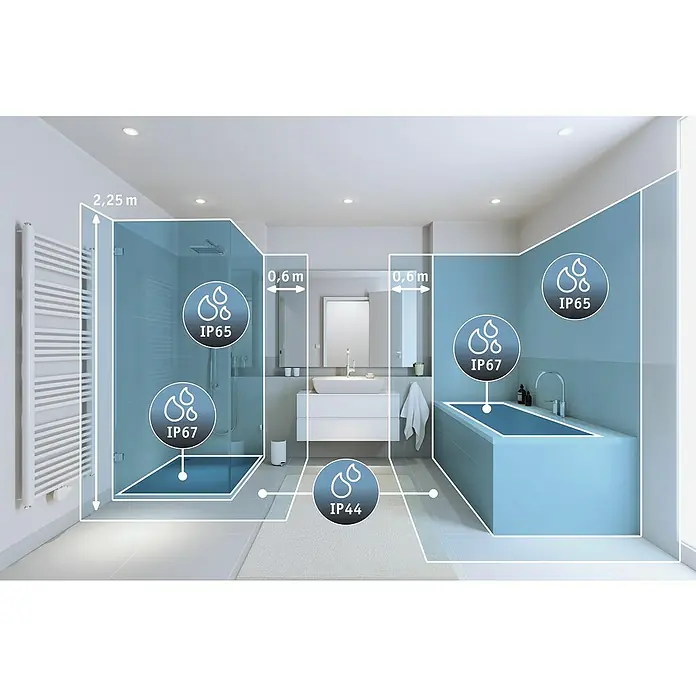 Paulmann Nova LED-Einbauleuchte rund Plus - 35 W, Ø x H: 9,3 x 4,5 cm, Schwarz - Das Bild zeigt ein modernes Badezimmer mit verschiedenen IP-Schutzarten für die Beleuchtung in den Feuchtzonen.
