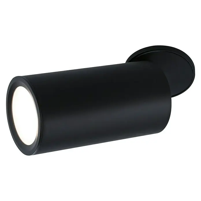 Paulmann LED-Einbauleuchten-Set rund Turnal Coin - 6 W, Schwarz matt, 3 Stk., Warmweiß - Nahaufnahme einer modernen, zylindrischen, schwarzen Wandleuchte mit einem hellen, runden Lichtelement.