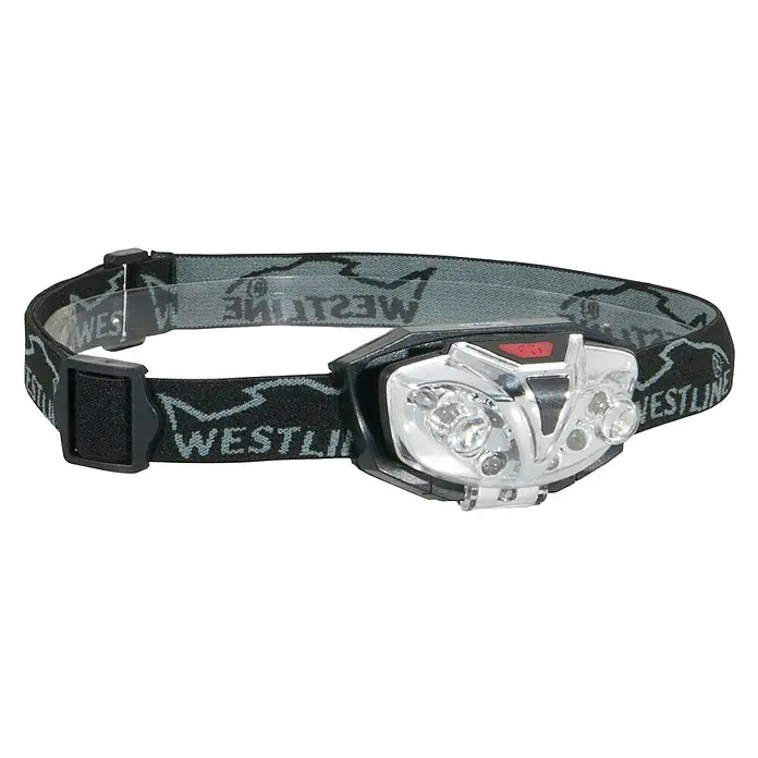 Westline LED-Kopflampe Duo - Extrem helle LED´s, 4 x weiß, 2 x rot umschaltbar - Nahaufnahme einer Westline Stirnlampe mit verstellbarem Kopfband. Ideal für Outdoor-Aktivitäten.
