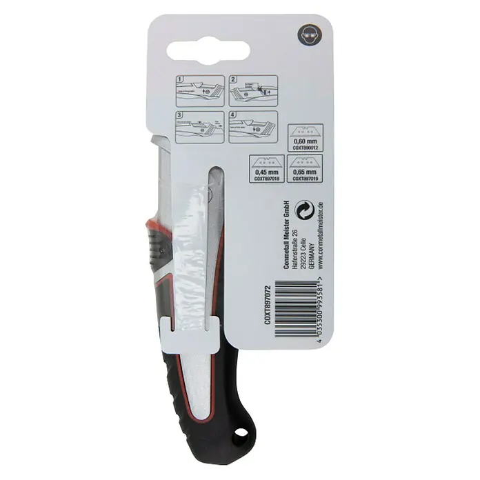 Connex Cuchillo cúter - Metal, Negro/Rojo, 3 posiciones - Parte trasera de un paquete de cuchillo que muestra instrucciones e información del producto, incluyendo un código de barras y detalles del fabricante.