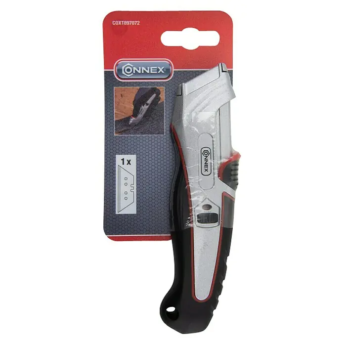 Connex Cuchillo cúter - Metal, Negro/Rojo, 3 posiciones - La imagen muestra un cúter Connex con un mango negro y plateado. El cúter se encuentra en un paquete rojo con el logotipo de Connex.