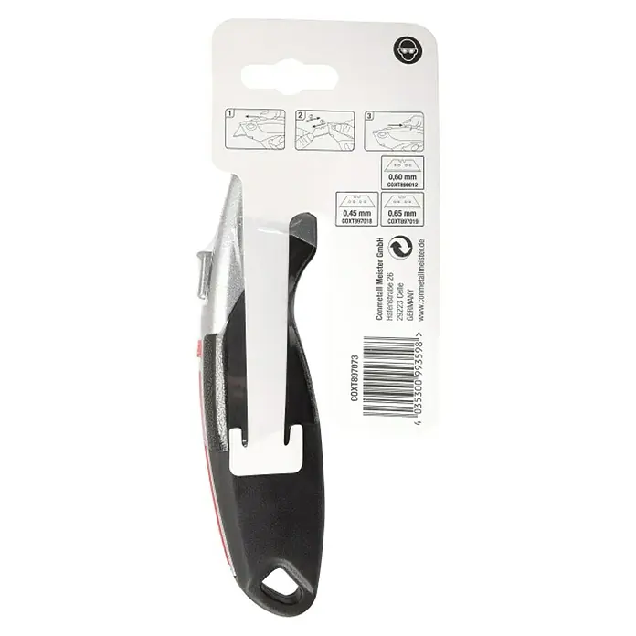 Connex Cuchillo cúter - Metal, Negro/Rojo, 2 posiciones - Imagen de un cúter con mango negro y hoja plateada, empaquetado en una tarjeta de cartón con instrucciones y código de barras.