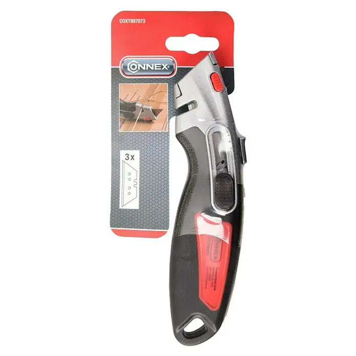 Connex Cuchillo cúter - Metal, Negro/Rojo, 2 posiciones - Un cúter CONNEX en un paquete rojo con hojas de repuesto. Ideal para profesionales y aficionados al bricolaje para cortar alfombras y otros materiales.