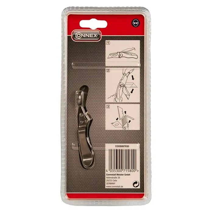 Connex Cúter universal Profi - Negro/Rojo - Cuchilla de gancho CONNEX empaquetada con instrucciones de cambio de cuchilla. Herramienta profesional en plata y negro, empaquetada.