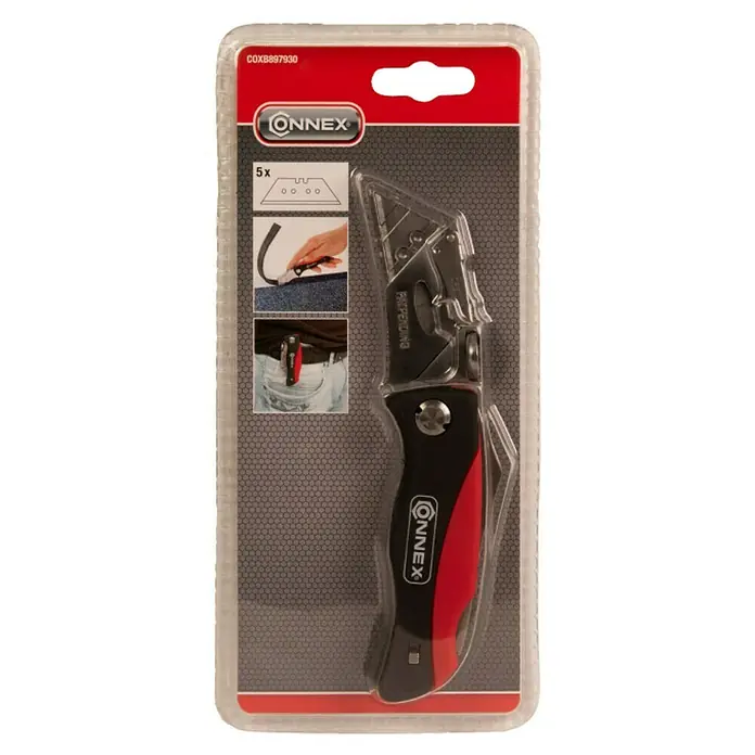 Connex Cúter universal Profi - Negro/Rojo - Cuchillo plegable CONNEX empaquetado, con mango negro y rojo e incluye 5 cuchillas adicionales. Ideal para cajas de herramientas.