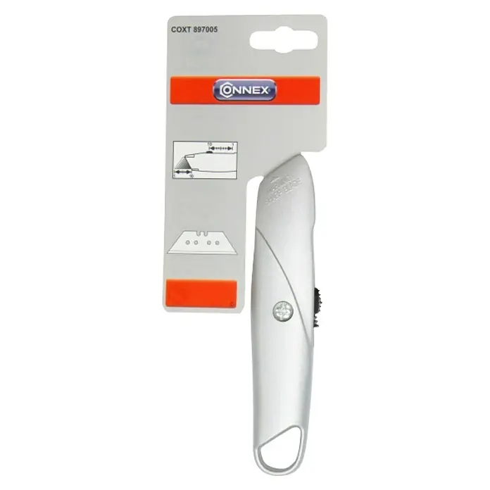 Connex Cuchillo cúter metálico - Plateado - Un cúter plateado Onnex, empaquetado en una tarjeta blíster con detalles en naranja, ideal para artesanos y aficionados al bricolaje.