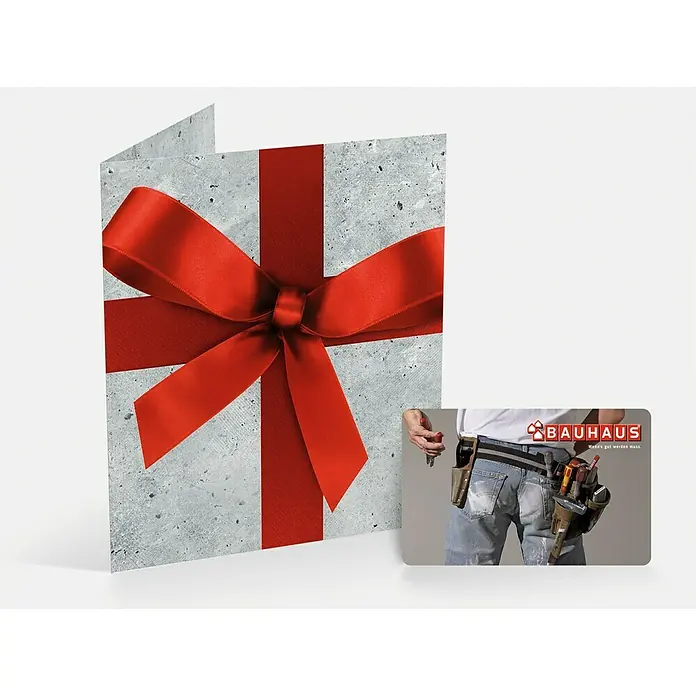 Gutscheinkarte - Per Postversand, Gutscheinwert: 10 Euro, Gürteltasche - Geschenkkarte mit Beton-Optik und roter Schleife sowie eine Bauhaus-Geschenkkarte mit Handwerker. Ideal zum Verschenken!