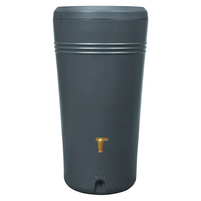 Garantia Regenspeicher Azura 2in1 - 230 l, Graphite - Grauer Regenwassertank mit goldenem Wasserhahn. Ideal für die Gartenbewässerung und umweltfreundliche Wassernutzung.